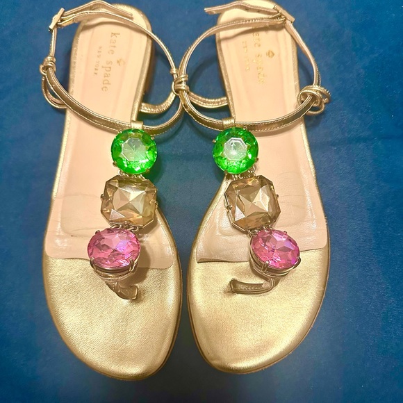 Kate Spade 3 Rhinestone, Gold, Flat Sandals. Leather, Made in Italy. Rare find. - Picture 3 of 9